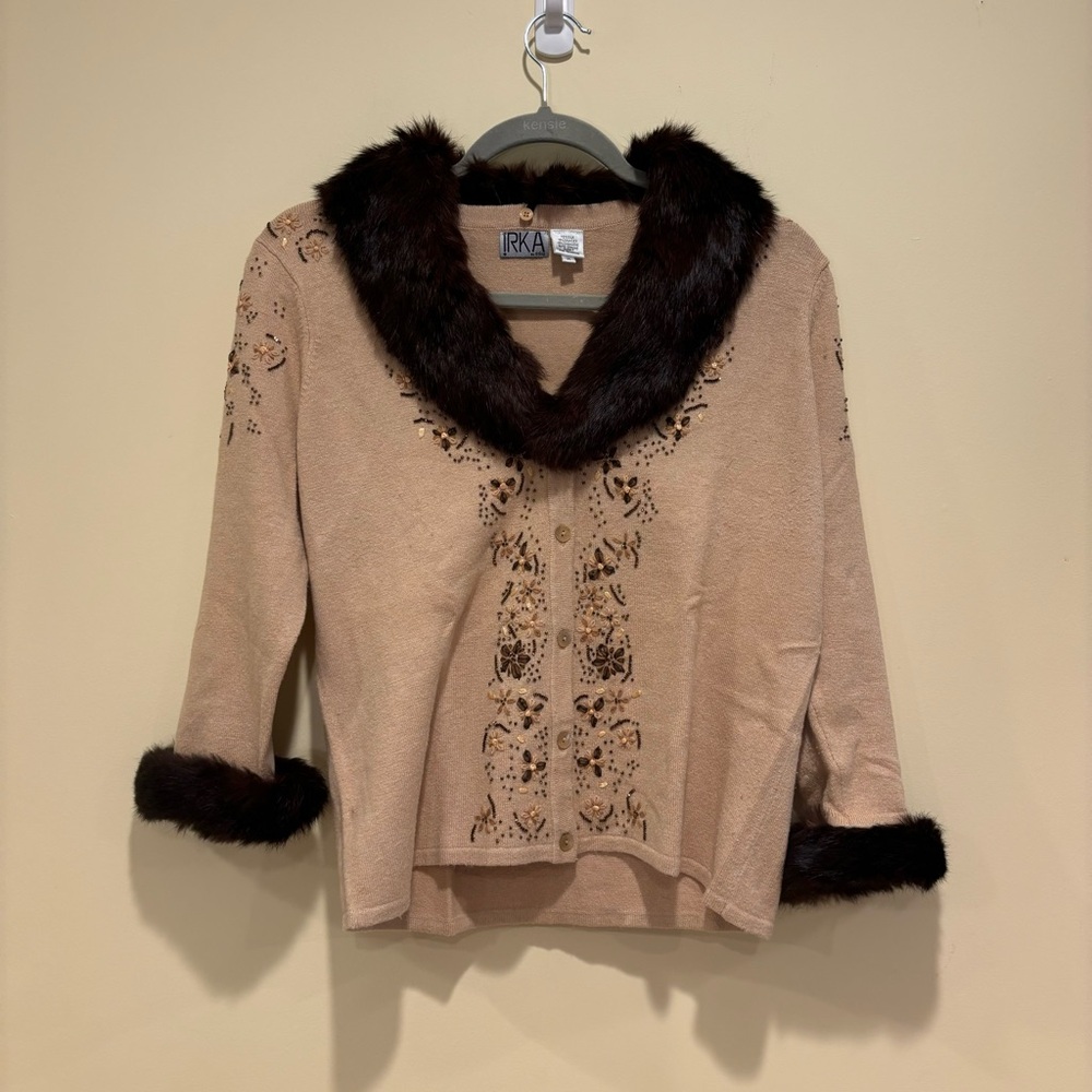 IRKA by 8998 Beaded Cardigan with Genuine Rabbit Fur Trim – Medium - Picture 4 of 6